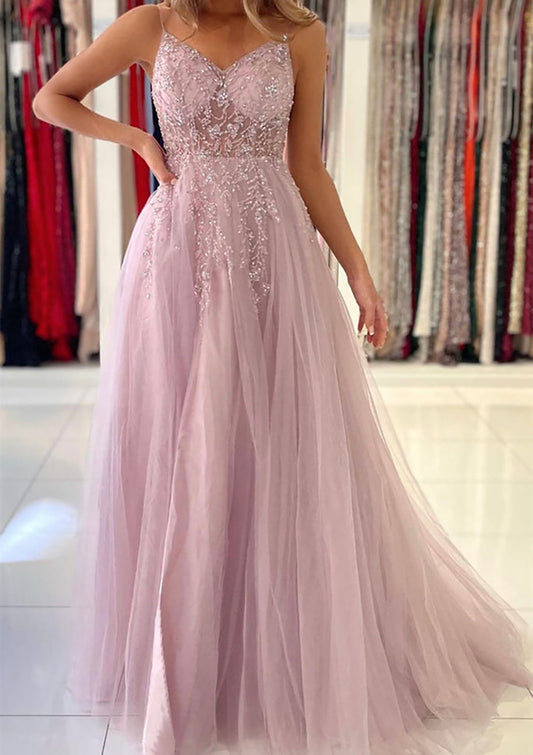 Women Tulle Long Prom Dress with Beadings Side Slit Evening Gowns Princess Formal Party Dress YPD752