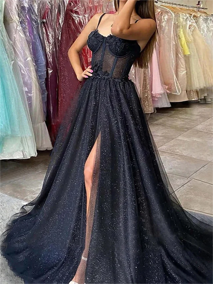 Women High Side Slit Prom Dresses Long Black Appliques Evening Gowns Tulle Formal Party Dress YPD726