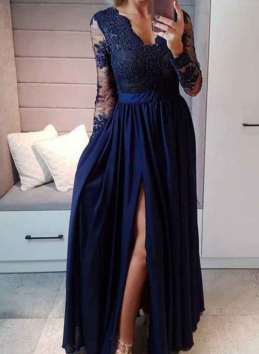 Women Beads Slit Prom Dresses Long V-Neck Evening Gowns Formal Party Dress YPD449