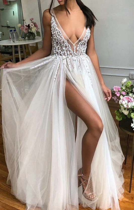 Women Beads Slit Prom Dresses Long V-Neck Evening Gowns Formal Party Dress YPD448