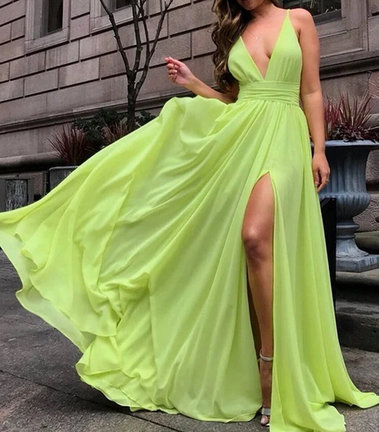 Women Chiffon Slit Prom Dresses Long V-Neck Evening Gowns Formal Party Dress YPD456