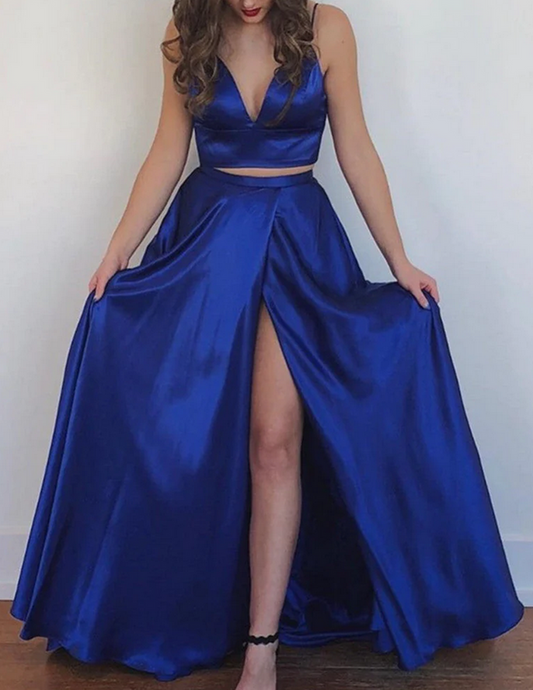 Women Satin Slit Prom Dresses Long V-Neck Evening Gowns Formal Party Dress YPD452