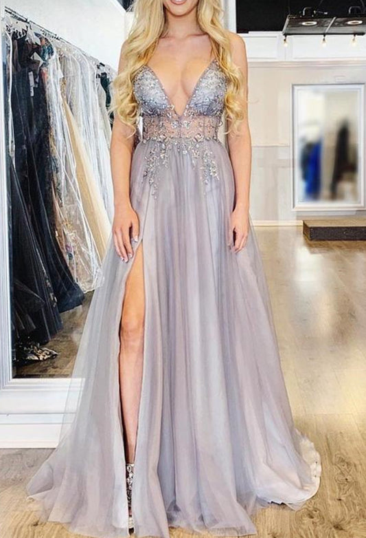 Women Beads Prom Dresses Long Side Slit Evening Party Dress YPD160