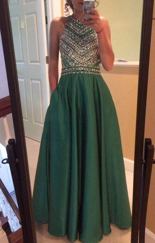 Women Beads Prom Dresses Long Satin Evening Gowns Formal Party Dress YPD279