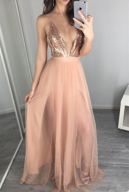 Women Sequins Prom Dresses Long V-Neck Evening Party Dress YPD100