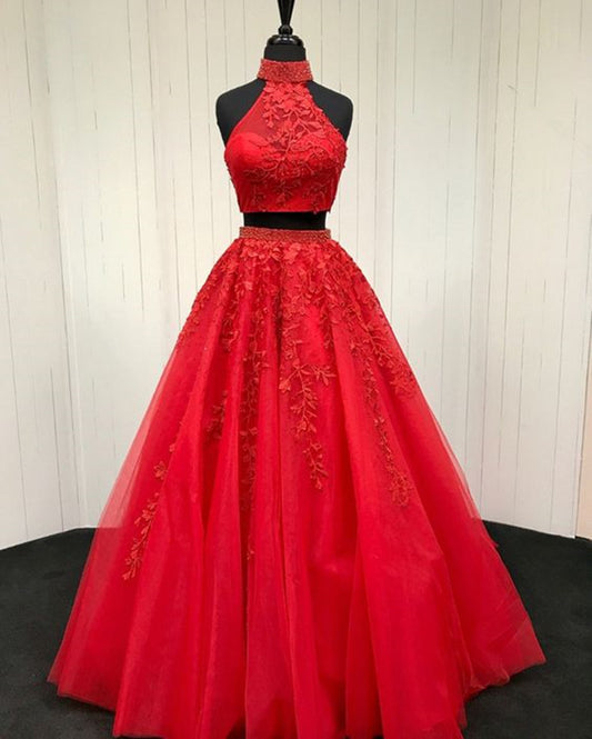 Women Lace Appliques Prom Dresses Long 2 Pieces Evening Party Dress YPD031