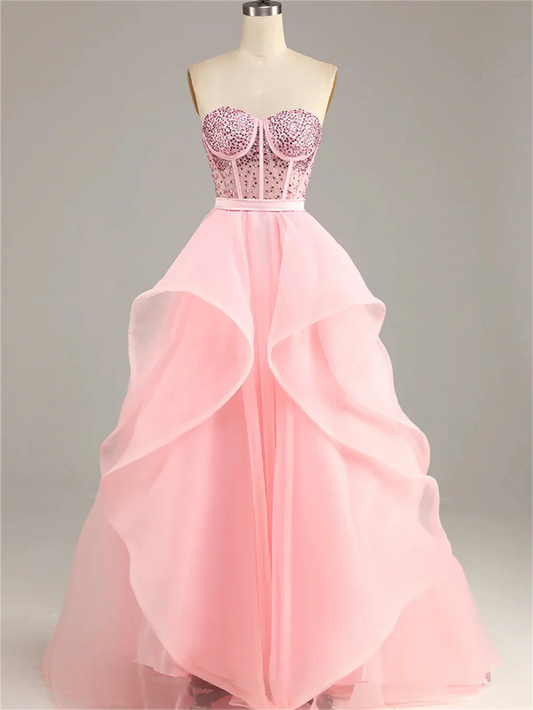 Women Beaded Pink Prom Dress Long Sweetheart Evening Gowns Fashion Princess Formal Party Dress YPD735