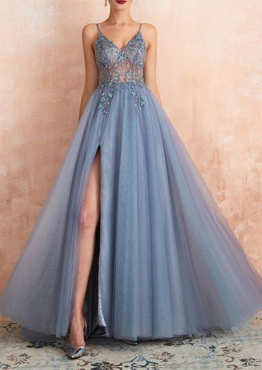 Women Beads Prom Dresses Long Side Slit Evening Party Dress YPD158