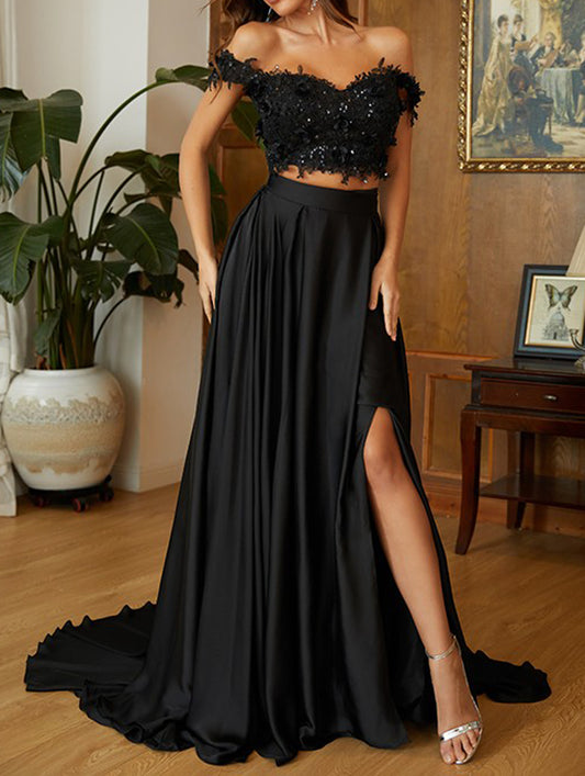 Women 2 Pieces Prom Dress Long Black Evening Gowns Off-the-Shoulder Party Dress YPD834