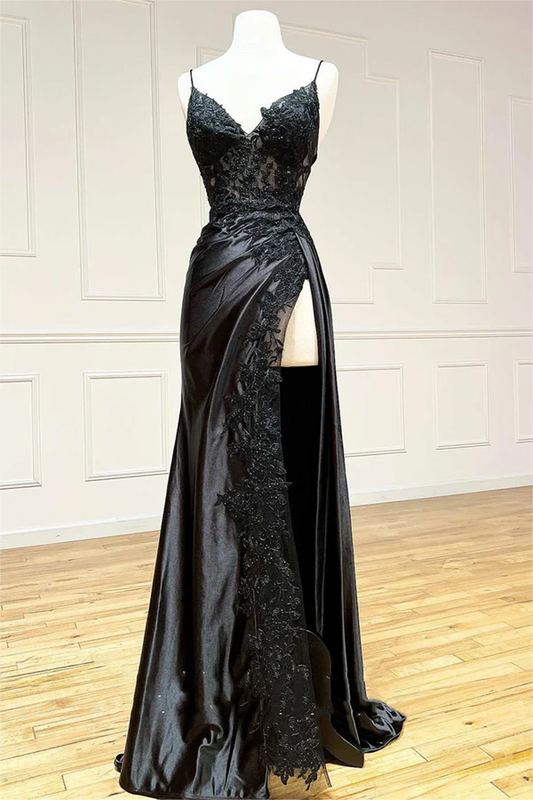 Women Side Slit Prom Dress Long Black Appliques Evening Gowns Spaghetti Straps Formal Party Dress YPD743