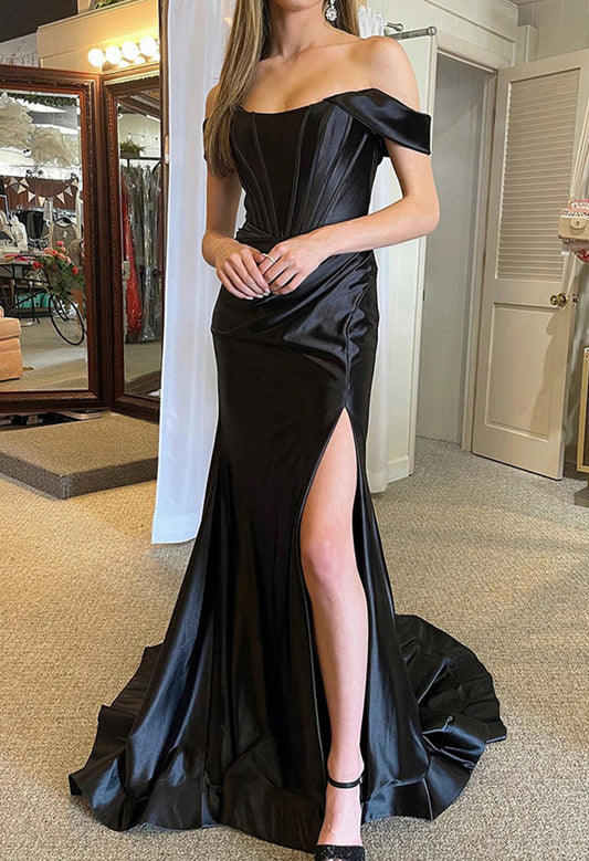 Women Off Shoulder Prom Dress Long Black Evening Gowns Side Slit Formal Party Dress YPD792