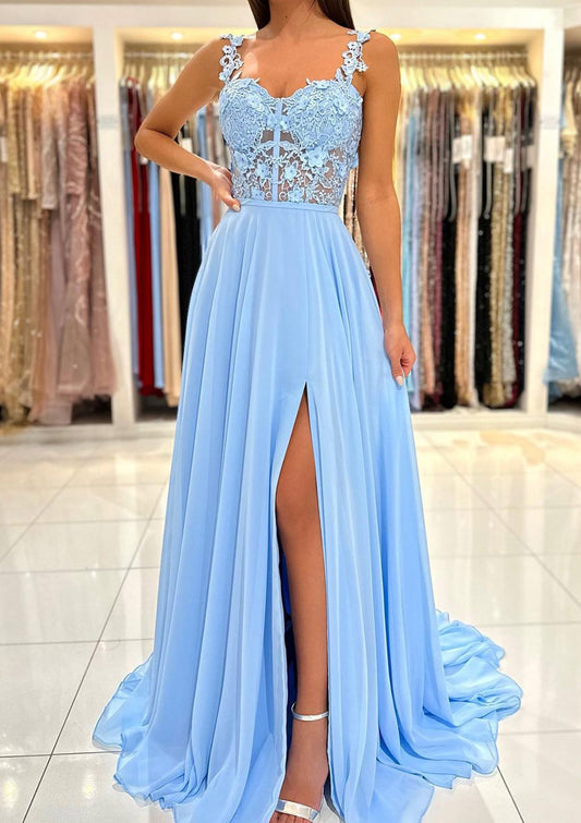Women Blue Chiffon Prom Dress with Appliques Long Side Slit Evening Gowns Fashion Formal Party Dress YPD762