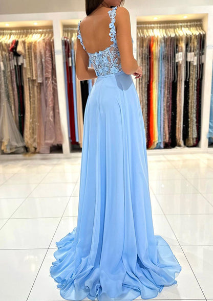 Women Chiffon Prom Dress with Appliques Long Side Slit Evening Gowns Fashion Formal Party Dress YPD763