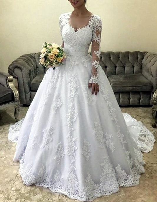 Women Ball Gown Appliques Wedding Dresses Long Sleeves Lace Bridal Gowns YWD171