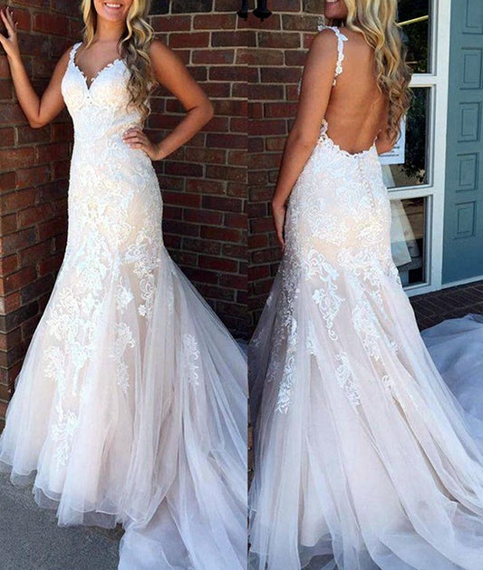 Women Mermaid Appliques Wedding Dresses Long V-Neck Lace Bridal Gowns YWD178