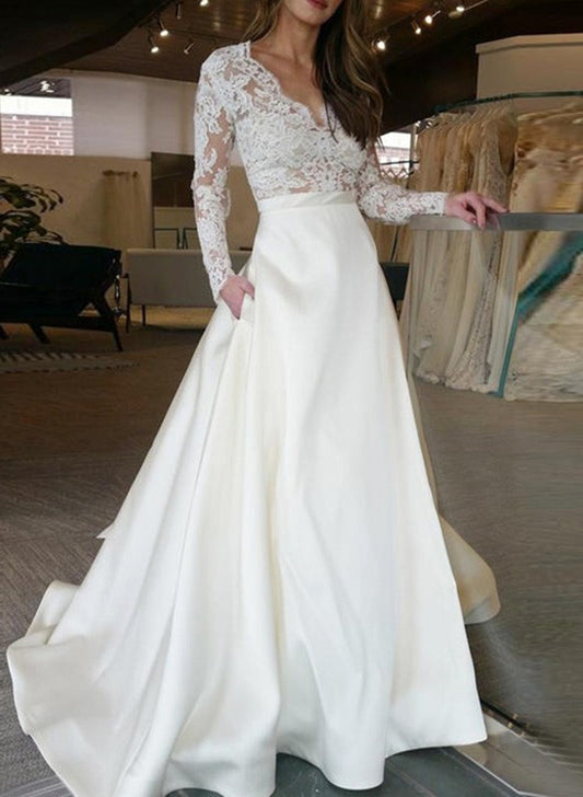 Women A-Line Lace Appliques Wedding Dresses Long Sleeves V-Neck Bridal Gowns YWD155