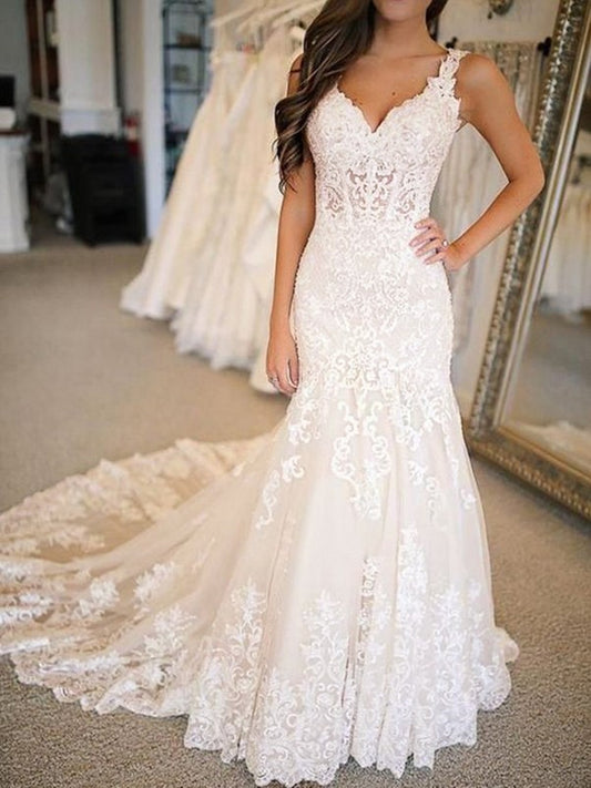 Women Lace Appliques Wedding Dresses Long Mermaid Bridal Gowns YWD118