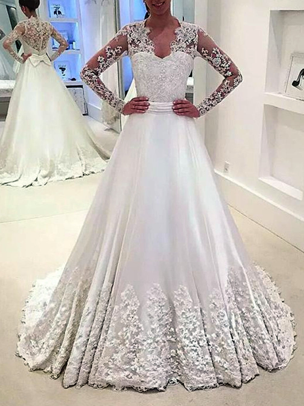 Women A-Line Appliques Wedding Dresses Long Sleeves Lace Bridal Gowns YWD165