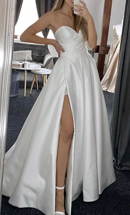 Women A-Line Satin Wedding Dresses Long Sweetheart Slit Bridal Gowns YWD152