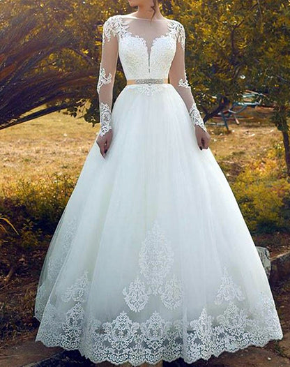 Women Ball Gown Appliques Wedding Dresses Long Sleeves Lace Bridal Gowns YWD167