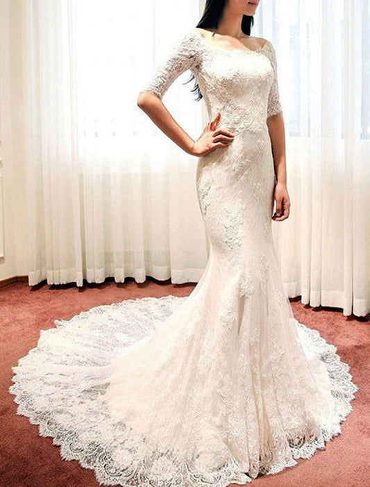 Women Mermaid Appliques Wedding Dresses Long Lace Bridal Gowns YWD182