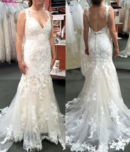 Women Mermaid Appliques Wedding Dresses V-Neck Lace Bridal Gowns YWD199