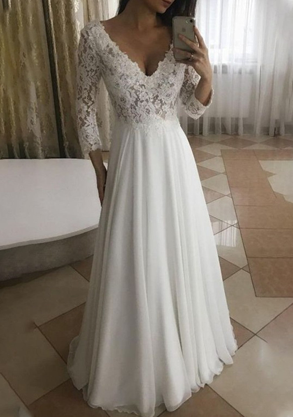 Women A-Line Lace Wedding Dresses Long Sleeves V-Neck Bridal Gowns YWD154