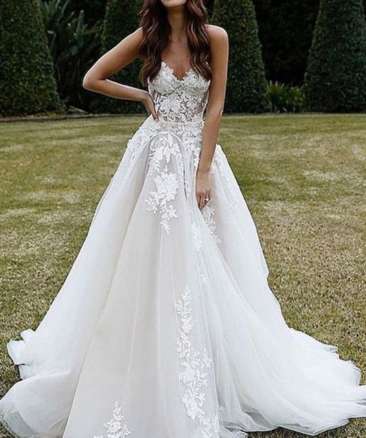 Women A-Line Appliques Wedding Dresses Long V-Neck Lace Bridal Gowns YWD195