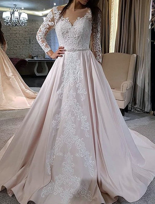 Women A-Line Appliques Wedding Dresses Long Sleeves Lace Bridal Gowns YWD200