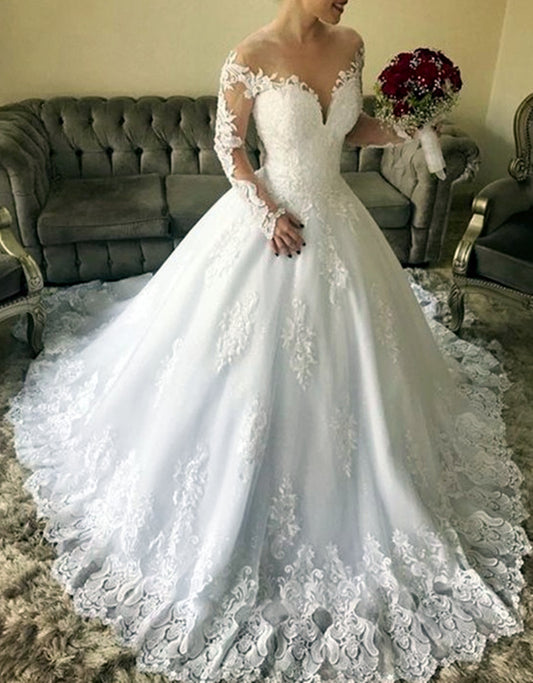 Women Ball Gown Appliques Wedding Dresses Long Sleeves Lace Bridal Gowns YWD175