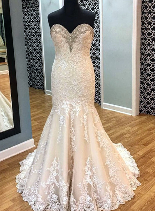 Women Mermaid Appliques Wedding Dresses Long Sweetheart Lace Bridal Gowns YWD176