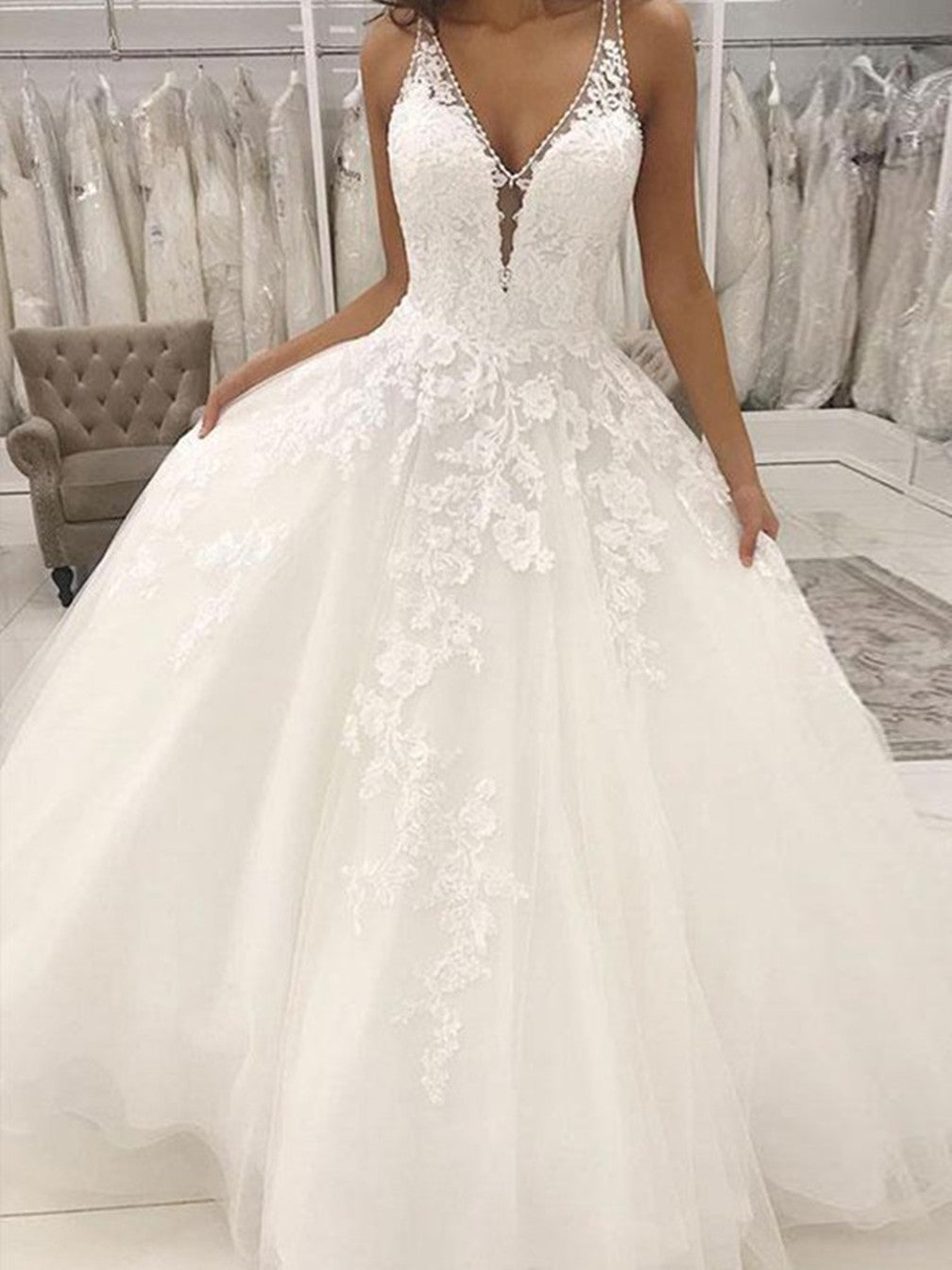 Women A-Line Lace Wedding Dresses Long V-Neck Appliques Bridal Gowns YWD151