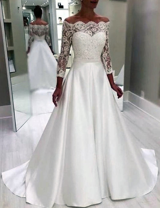 Women A-Line Appliques Wedding Dresses Long Sleeves Lace Bridal Gowns YWD177