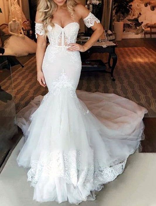 Women Mermaid Appliques Wedding Dresses Sweetheart Lace Bridal Gowns YWD198