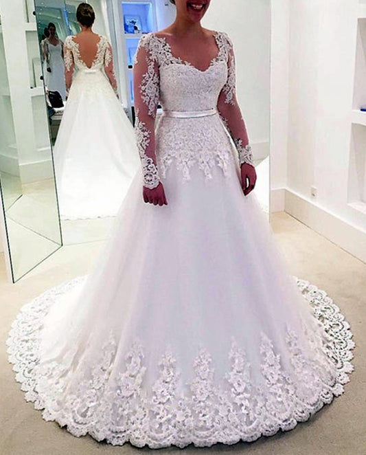 Women A-Line Appliques Wedding Dresses Long Sleeves Lace Bridal Gowns YWD187