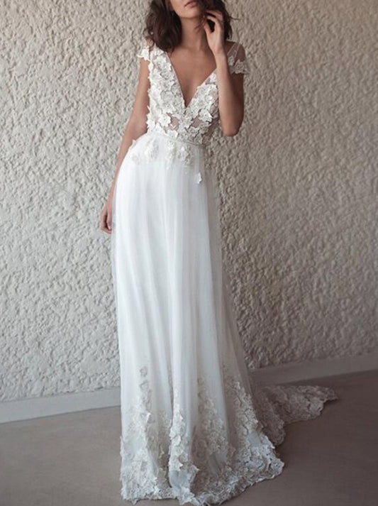 Women V-Neck Wedding Dresses Long Lace Appliques Bridal Gowns YWD147