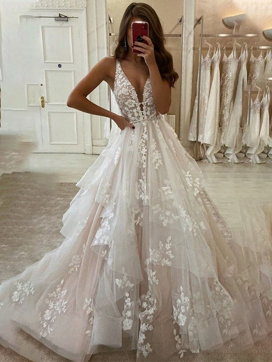 Women Lace Appliques Wedding Dresses Long V-Neck Bridal Gowns YWD120