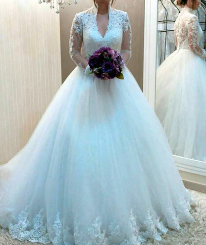 Women Ball Gown Appliques Wedding Dresses Long Sleeves Lace Bridal Gowns YWD194