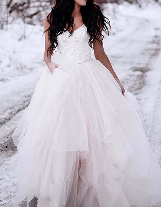 Women V-Neck Lace Wedding Dresses Long Appliques Bridal Gowns YWD157