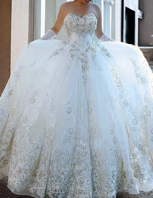 Women Ball Gown Appliques Wedding Dresses Long Sweetheart Lace Bridal Gowns YWD161