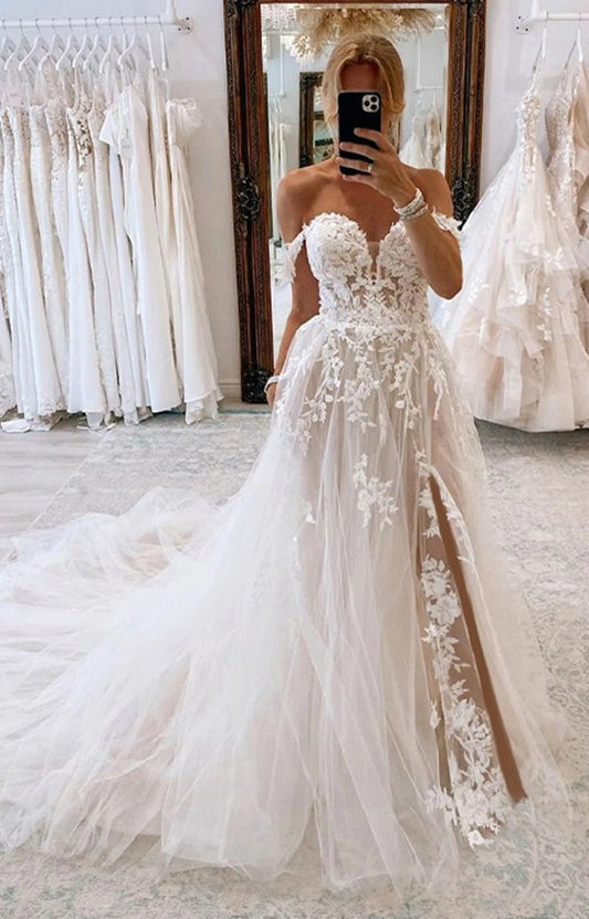 Women Lace Appliques Wedding Dresses Long Off Shoulder Bridal Gowns YWD115