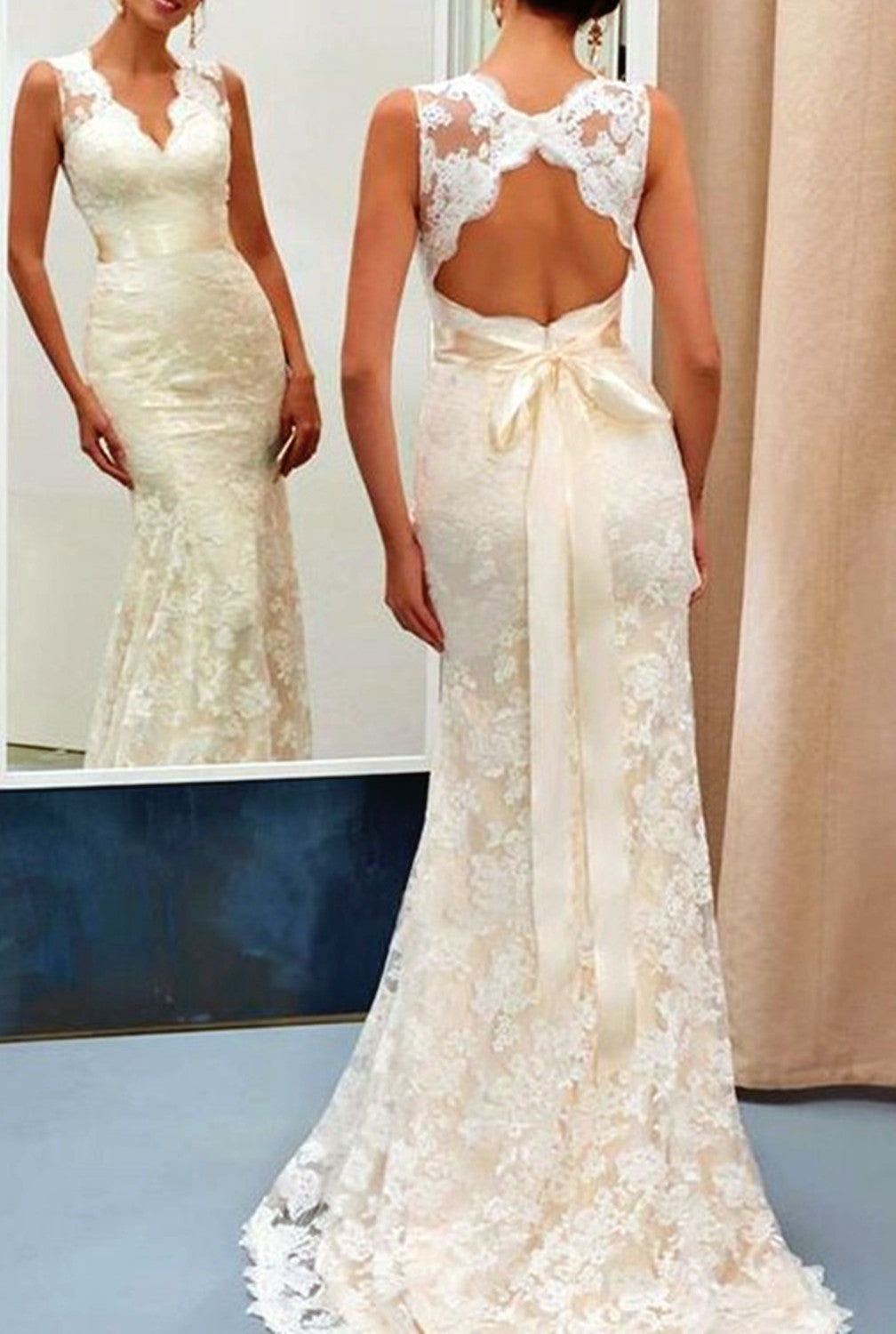 Women Mermaid Appliques Wedding Dresses Long V-Neck Lace Bridal Gowns YWD188