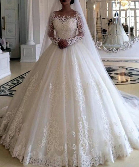 Women Ball Gown Appliques Wedding Dresses Long Sleeves Lace Bridal Gowns YWD183