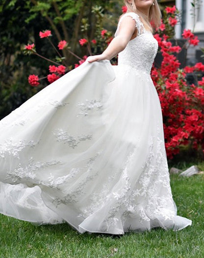 Women A-Line Appliques Wedding Dresses Long V-Neck Lace Bridal Gowns YWD193