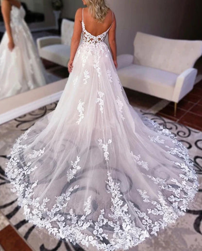 Women A-Line Lace Wedding Dresses Sleeveless V-Neck Appliques Bridal Gowns YWD235