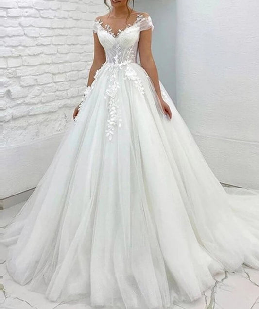 Women Lace Appliques Wedding Dresses Long V-Neck Bridal Gowns YWD129