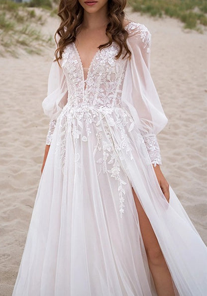 Women Lace Appliques Wedding Dresses Long Sleeves Bridal Gowns YWD127