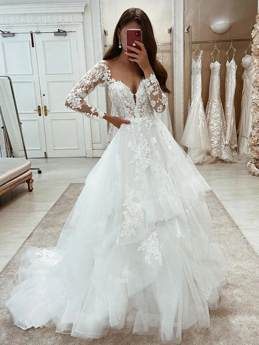 Women Lace Appliques Wedding Dresses Long Sleeves Bridal Gowns YWD131