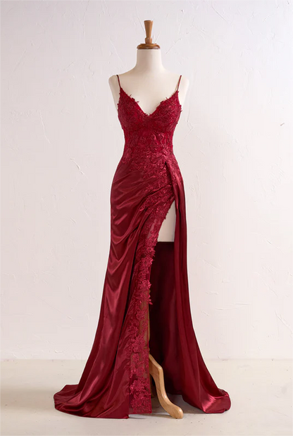Women High Side Slit Prom Dress Long Burgundy Appliques Evening Gowns Spaghetti Straps Formal Party Dress YPD744