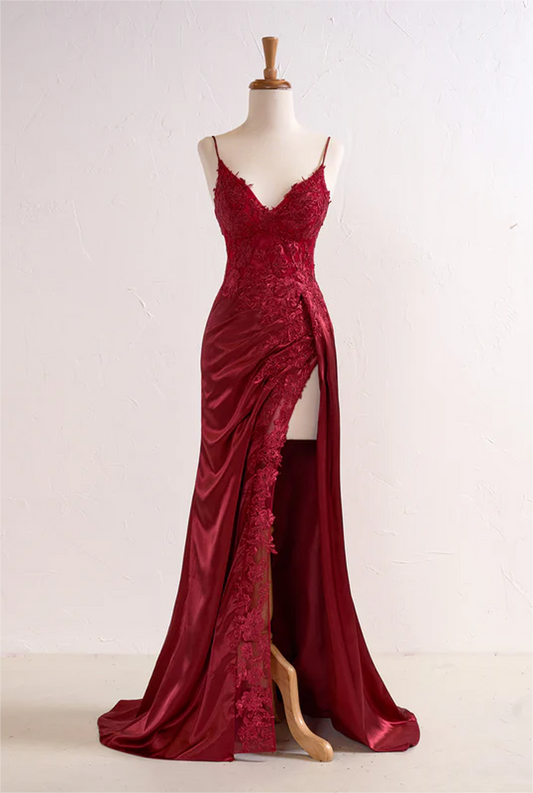 Women High Side Slit Prom Dress Long Burgundy Appliques Evening Gowns Spaghetti Straps Formal Party Dress YPD744